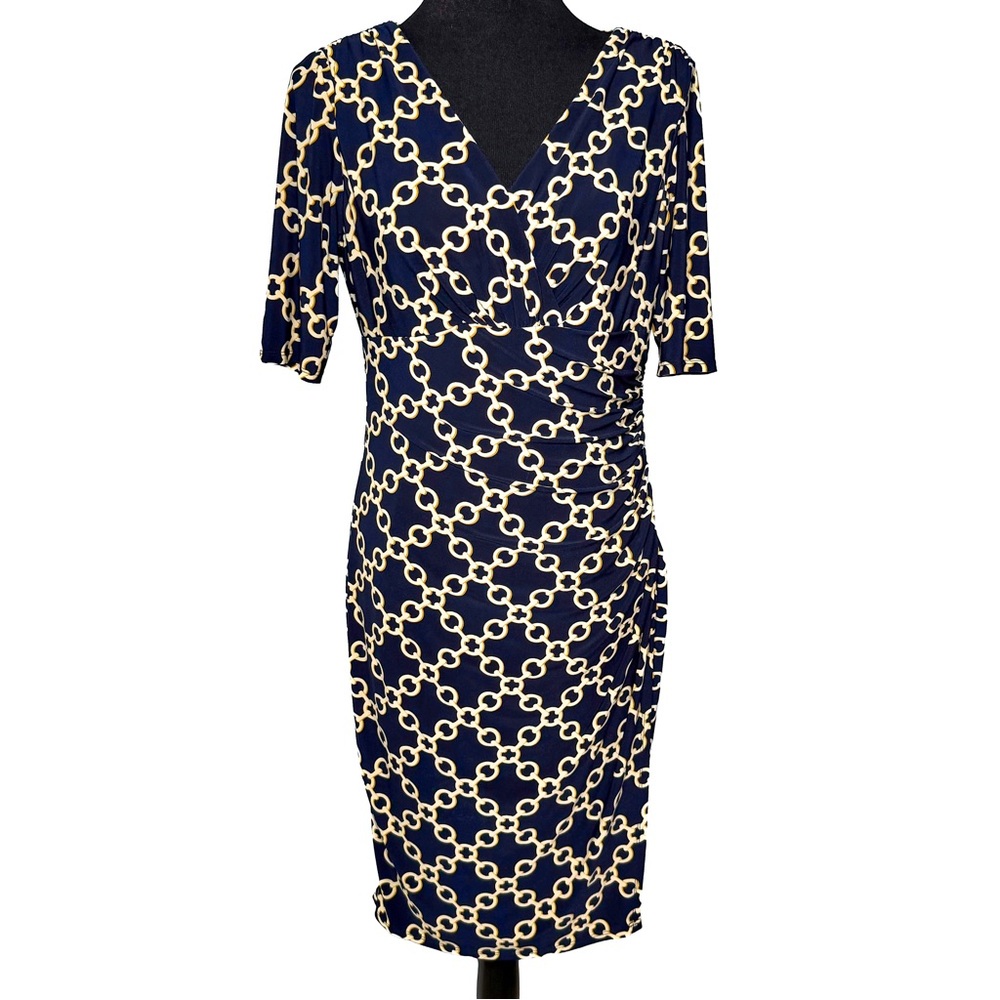Lauren Ralph Lauren Wrap Dress Navy Blue Gold Chains 10 Classic Preppy Stretch - Picture 3 of 12